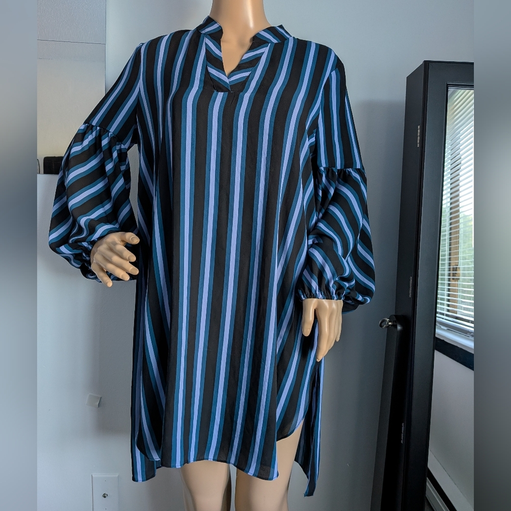 Isaac Mizrahi Blue and Black Striped Long Sleeve Dress